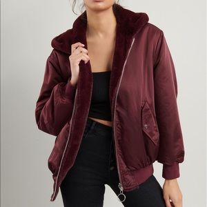 Garage maroon reversible faux fur bomber jacket